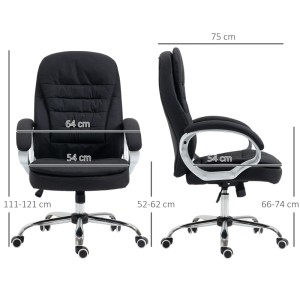 Vinsetto Bürostuhl, schwarzer Stoffbezug, Wippfunktion, höhenverstellbar, mit Maßangaben.