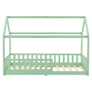 Mintfarbenes Juskys Kinderbett Marli (90x200 cm) im Hausdesign mit Rausfallschutz und Lattenrost.