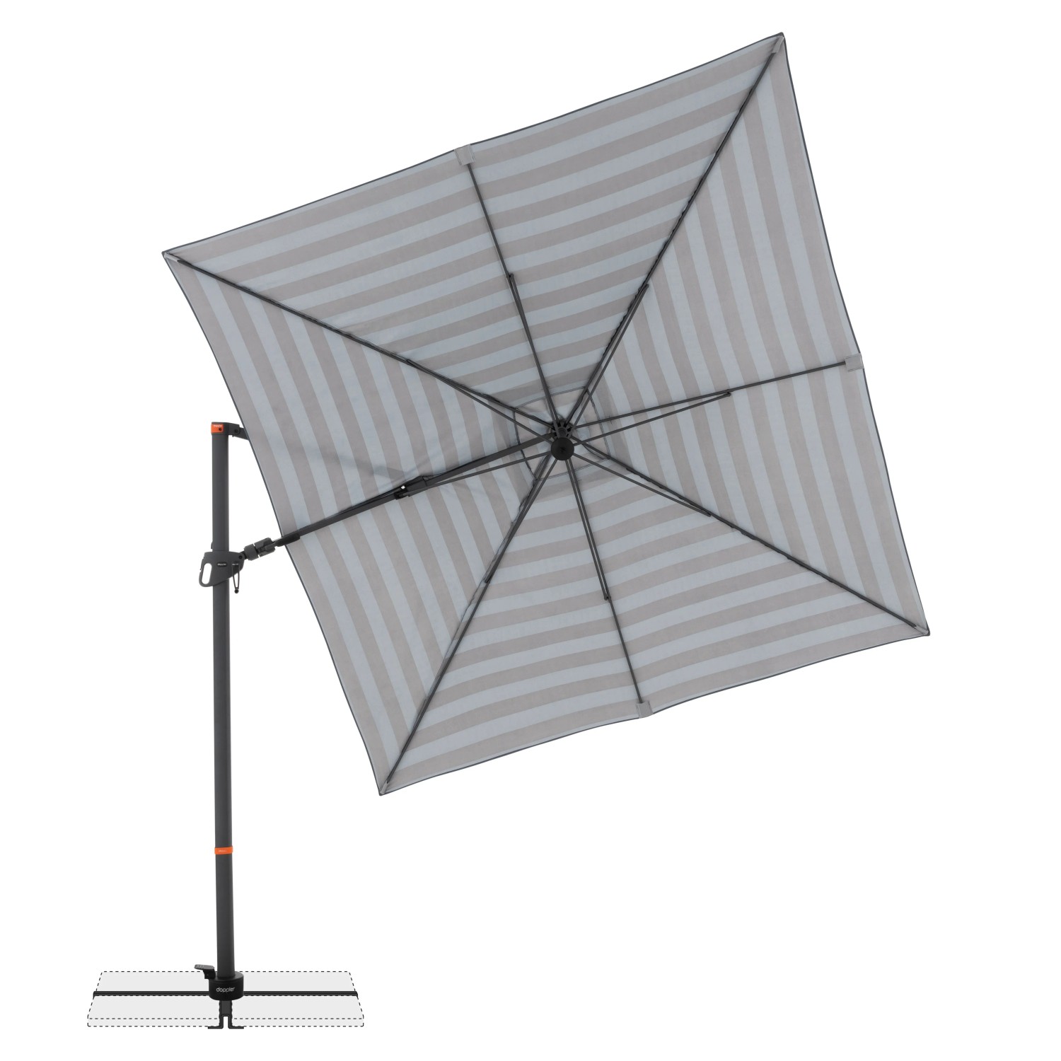 Doppler Ampelschirm MyZone, 280x280 cm, blau-grau gestreift, mit Kurbelmechanik. Quadratischer Sonnenschirm.