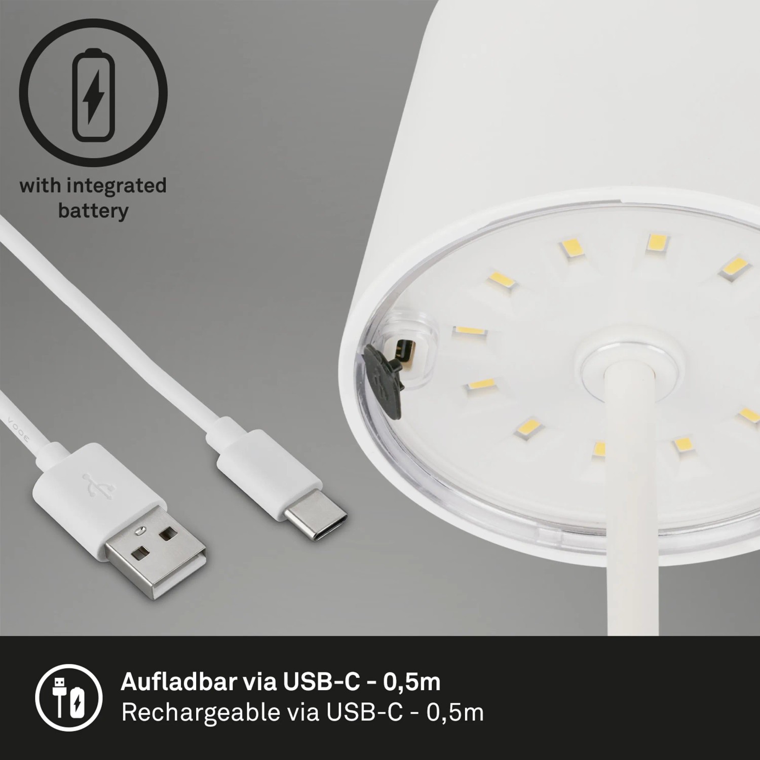 Detailaufnahme der weißen Brilo Akku-Tischleuchte mit USB-C Ladekabel.