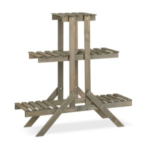 Freistehende, graue Relaxdays Blumentreppe aus Tannenholz mit 3 Ebenen, 83x83x28cm.