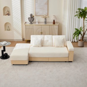 Beiges Merax Schlafsofa mit Chenille-Bezug, modularer L-Form und Stauraum. Ideal für moderne Wohnzimmer.