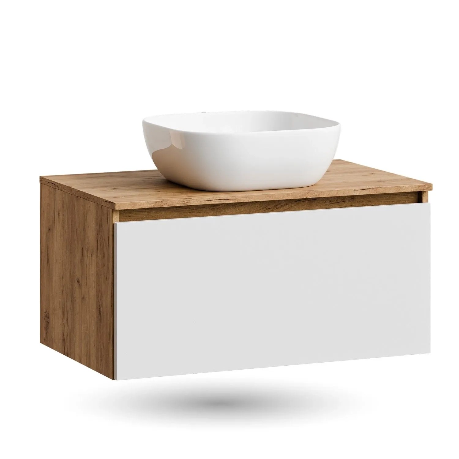 Planetmöbel ARISA Waschtischunterschrank 80 cm Weiß Matt mit Keramik Aufsatzwaschbecken 42 cm Weiß Soft Close