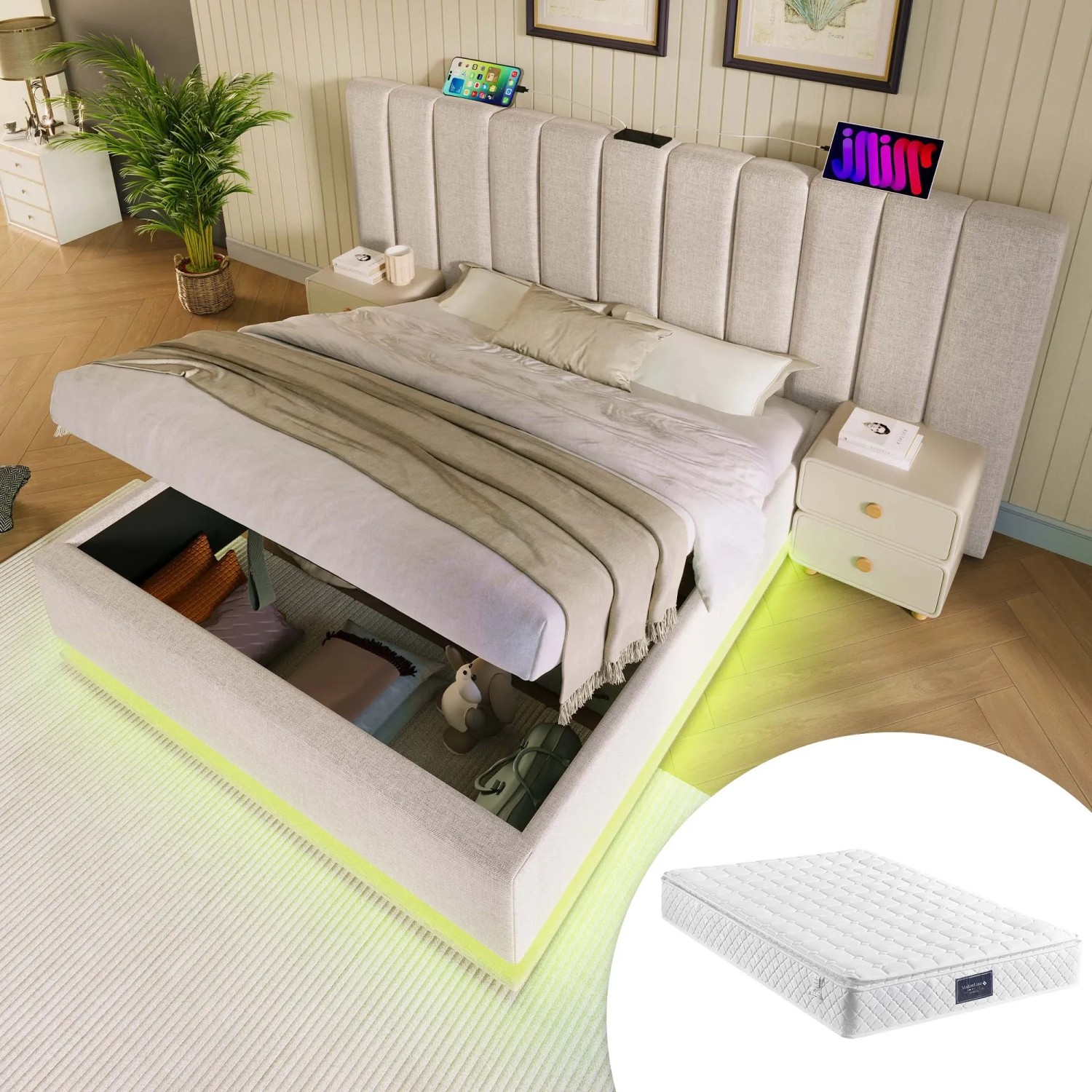 Merax Polsterbett 160x200cm LED USB-C Leinen Beige