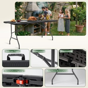 Sekey Buffettisch/Campingtisch, 180 cm, schwarz in Rattanoptik, klappbar und leicht zu transportieren.