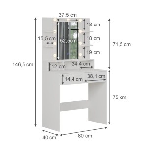 Weißer Vicco Schminktisch Taylor (80 cm) mit LED-Beleuchtung und Spiegel. Ideal für Ihr Make-up.