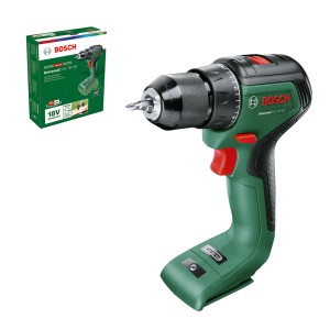 Bosch 18V Akku-Bohrschrauber UniversalDrill 18V-60 Solo mit Bohrfutter und Akku-Pack im Hintergrund.