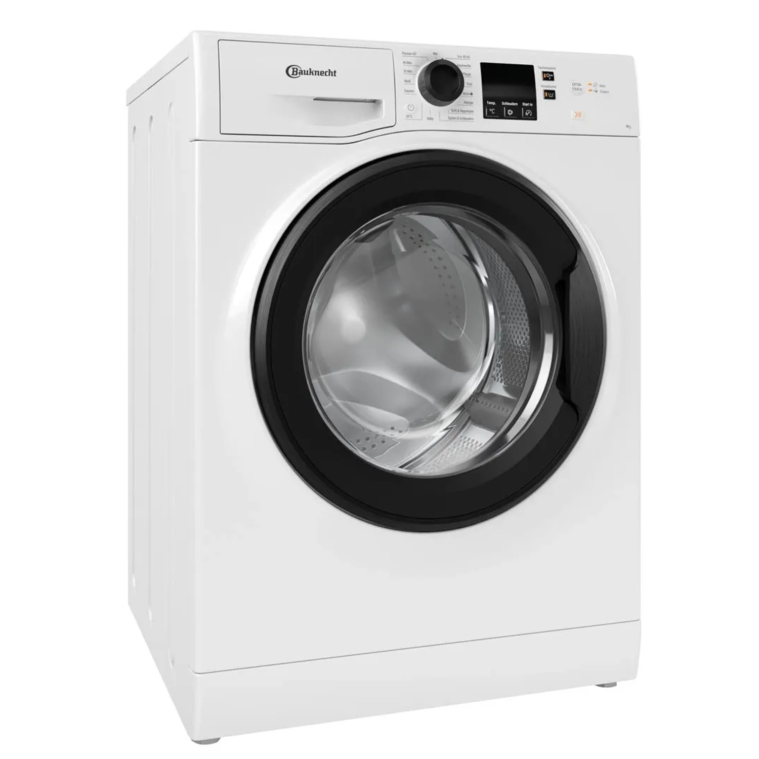 Bauknecht BPW 914 B Frontlader-Waschmaschine in Weiß mit schwarzer Tür und Display.