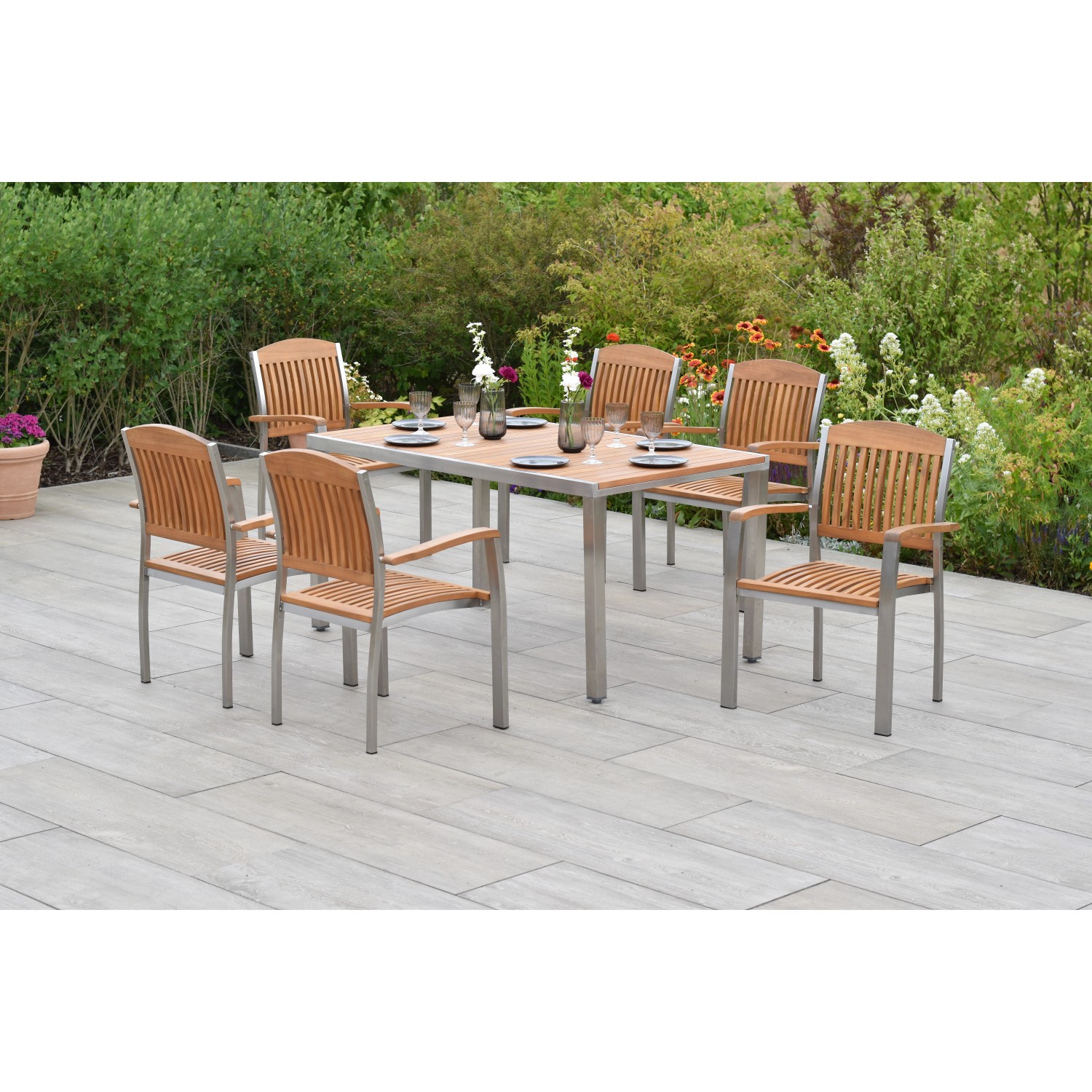 Merxx Keros Set 7-tlg. mit Gartentisch 150 x 90 cm Edelstahl/Akazie günstig online kaufen