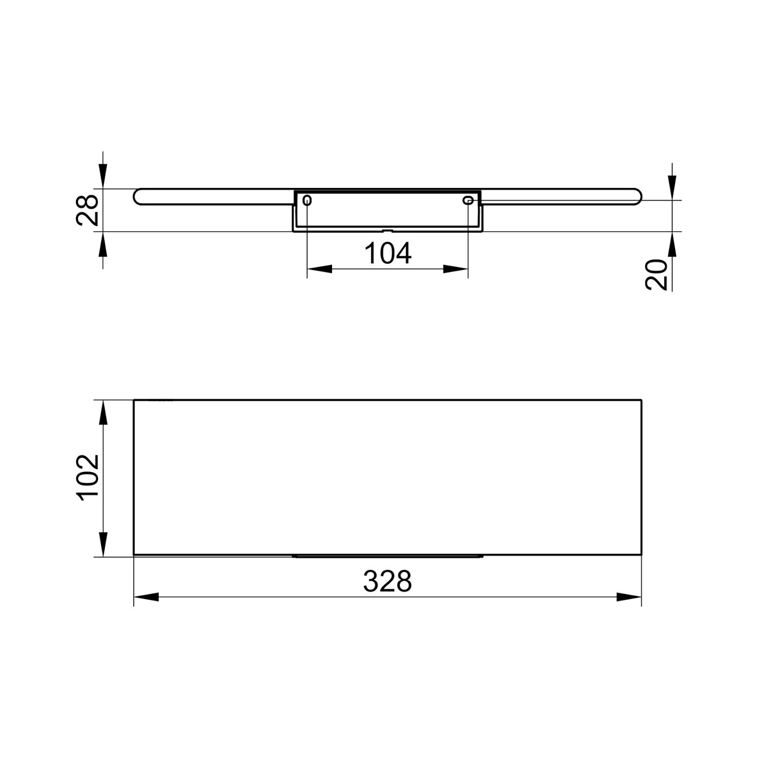 Technische Zeichnung: Keuco Duschablage Rose, 33cm, schwarz-matt, Maße für Montage.