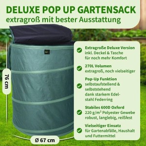 TTL GARDEN Pop Up Laubsack DELUXE 270 L – 220 g/qm Gartensack Mit Deckel Tasche Selbststehend Für Laub