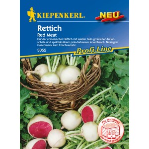 Kiepenkerl Rettich Red Meat: Runde Rettiche mit weiß-grüner Schale und pinkem Fruchtfleisch.