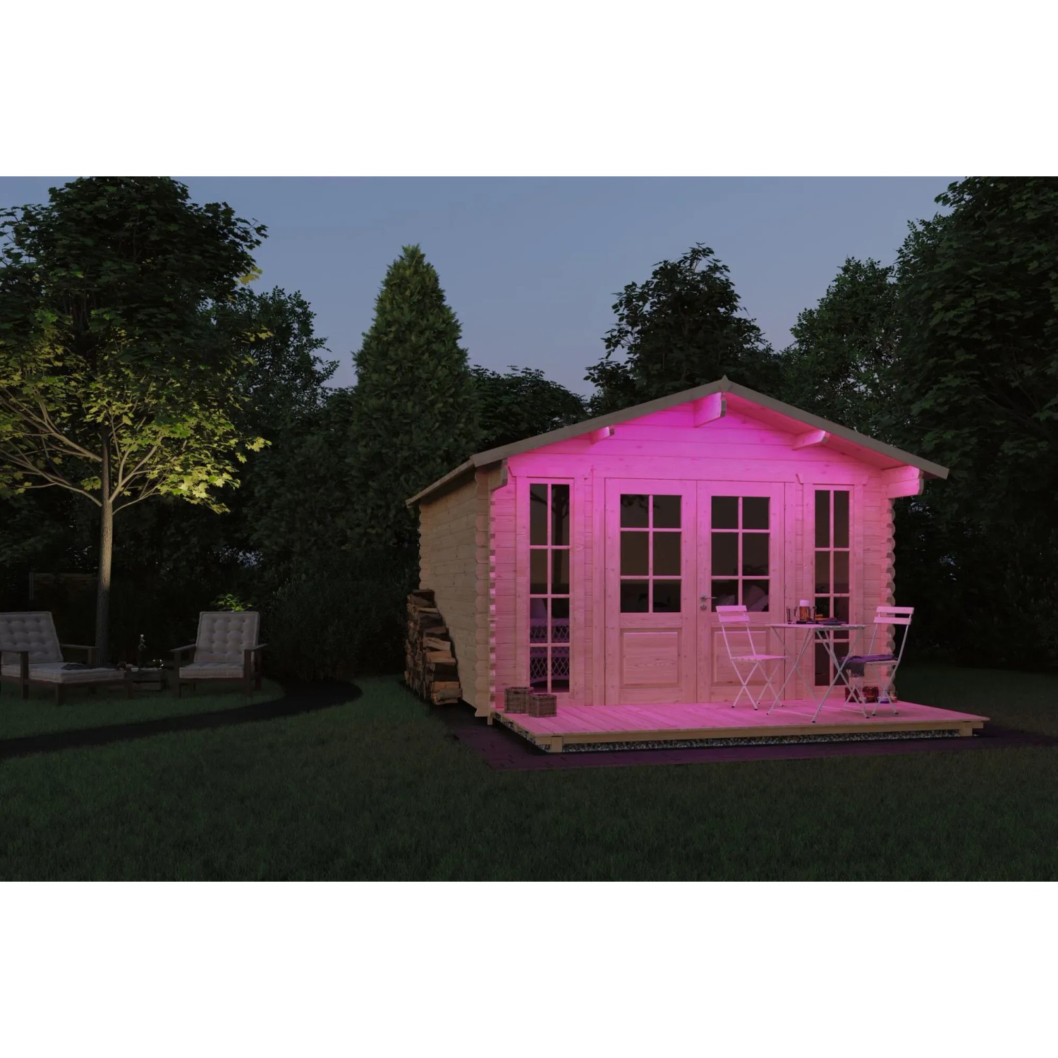 Beleuchtetes Gartenhaus mit Paulmann SimpLED RGB LED Streifen (3m) in Pink. LED-Streifen für stimmungsvolle Beleuchtung.