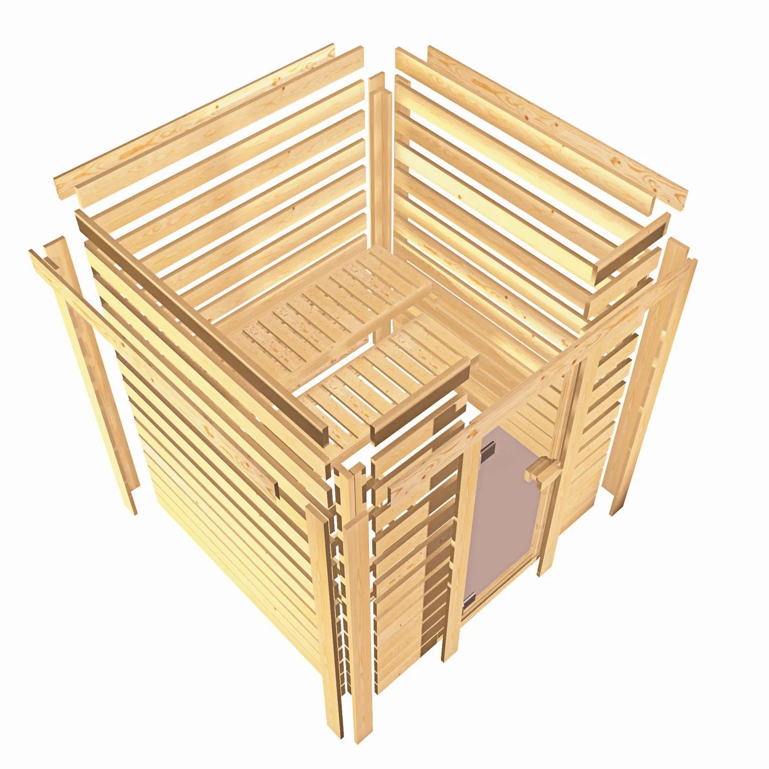 Karibu Sauna Elea Bausatz aus naturbelassenem Holz mit Ofen und Steuerung.