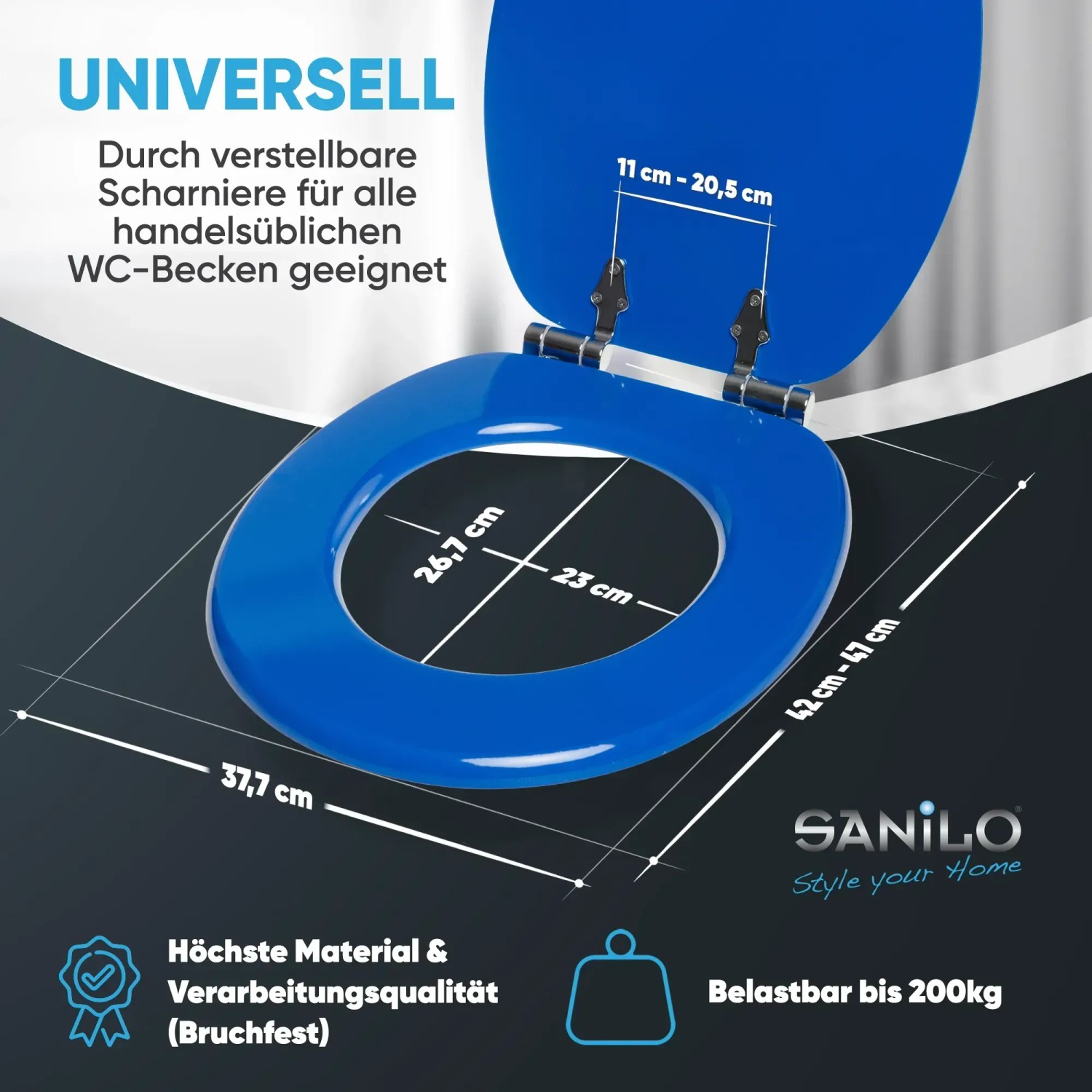 Blauer Sanilo WC-Sitz mit Absenkautomatik aus Holz, Maße eingezeichnet.