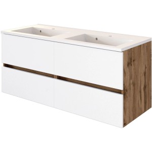 Held Möbel Doppelwaschtisch Bari, 120 cm, Weiß Matt, mit zwei Waschbecken und Unterschrank mit Holzoptik.