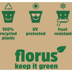 Symbole für recyceltes Plastik, UV-Schutz und Frostbeständigkeit des Elho Blumenkastens.
