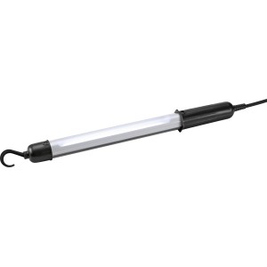 Schwarze Handleuchte mit Haken und Leuchtstoffröhre, ideal für Werkstatt und Innenbereich.