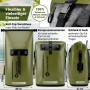 Olivgrüner SCANDIC NATURE Rucksack Pioneer 55L, wasserdicht, mit Roll-Top Verschluss. Zeigt flexible Größe & Kompressionsriemen.