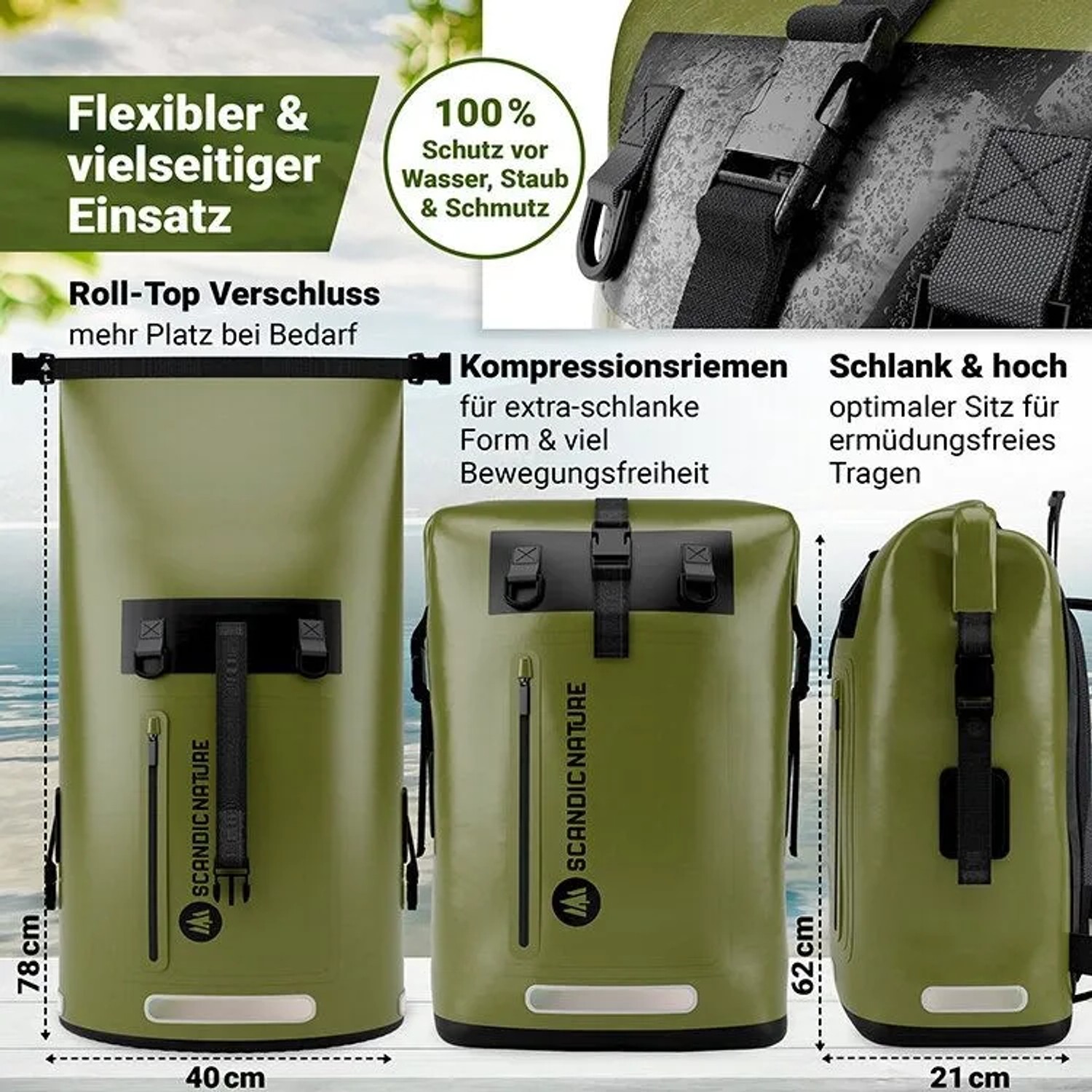 Olivgrüner SCANDIC NATURE Rucksack Pioneer 55L, wasserdicht, mit Roll-Top Verschluss. Zeigt flexible Größe & Kompressionsriemen.