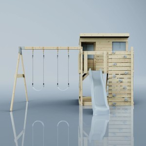 PolarPlay Spielturm Nils mit Schaukel, Rutsche und Kletterwand aus Holz.