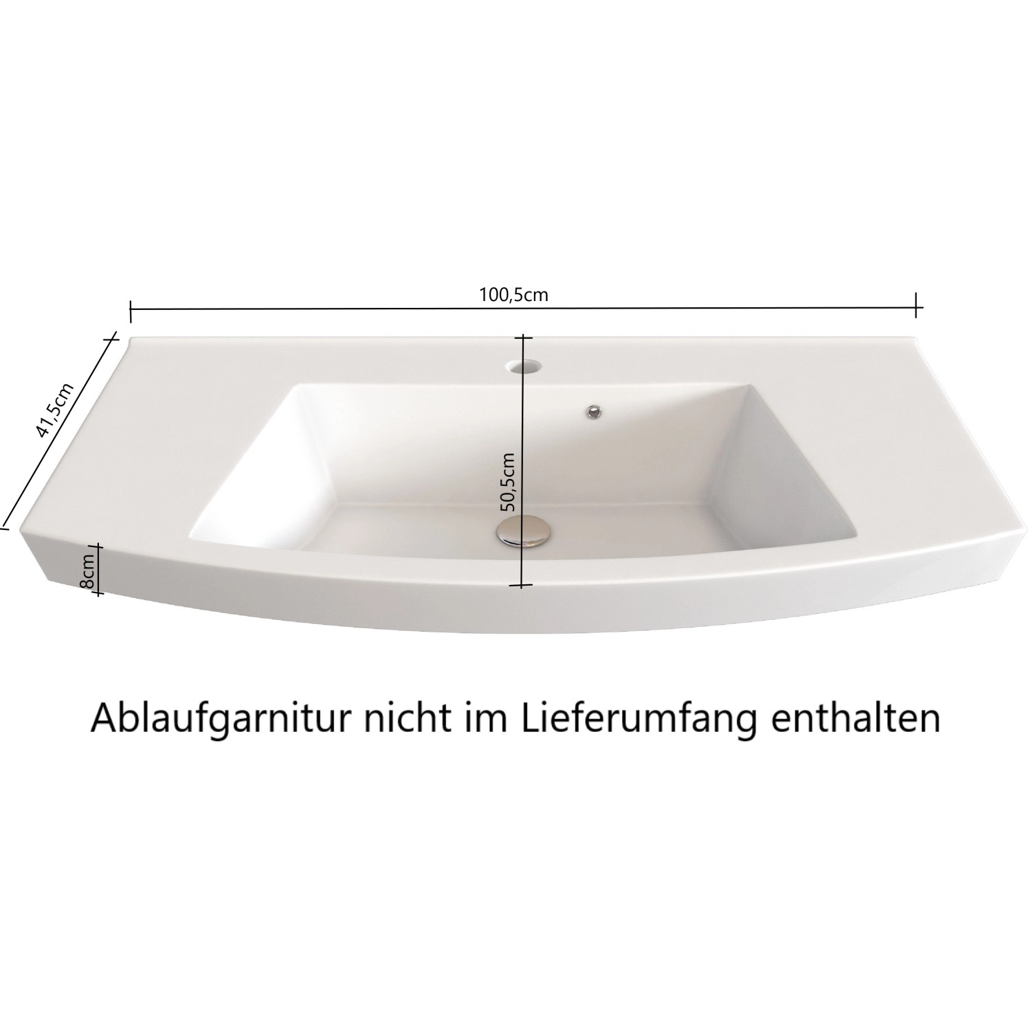 Waschtisch Florenz, 100 cm breit, mit Becken und Maßangaben. Teil des Badmöbel-Sets von Held Möbel.