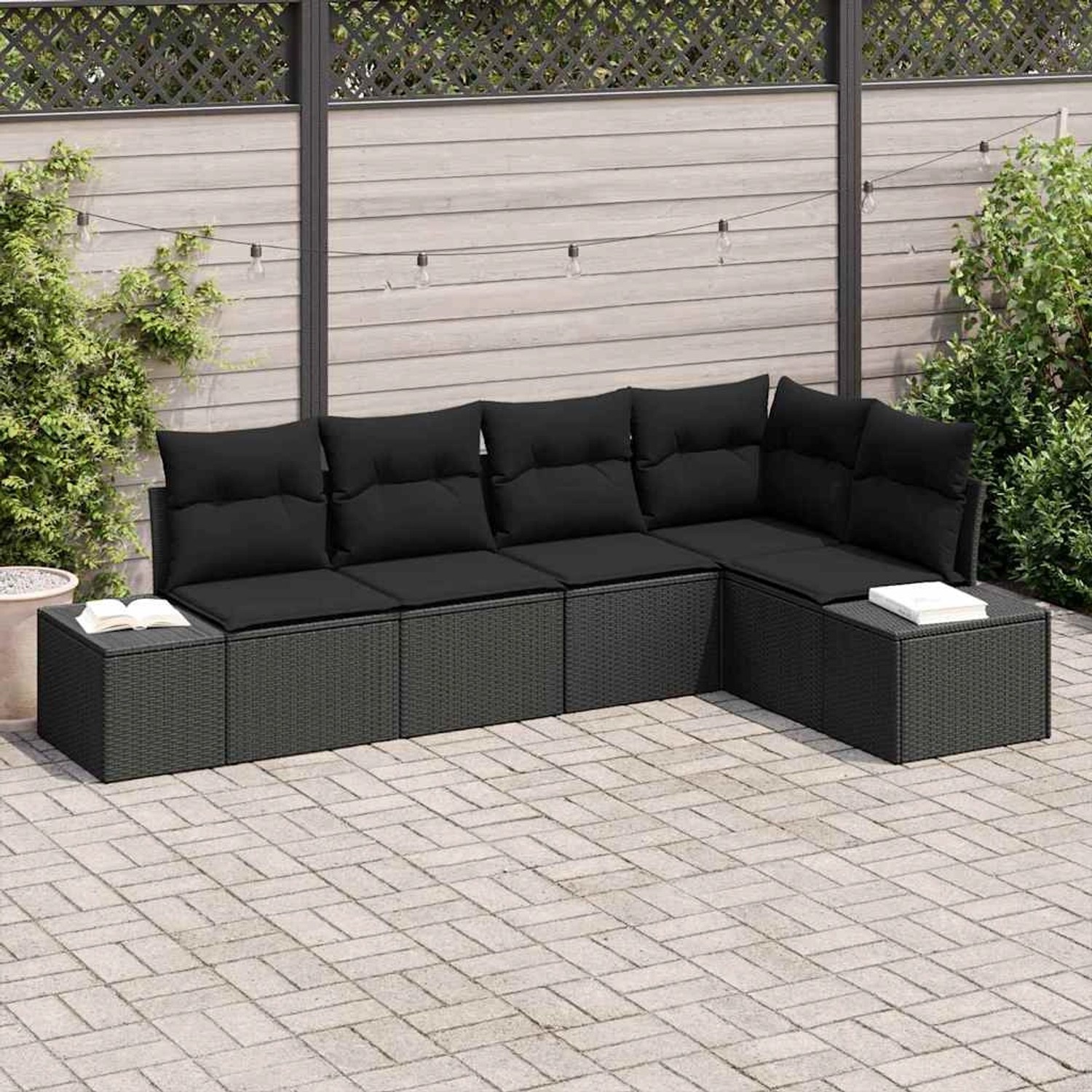 Schwarzes 5-teiliges Garten-Sofa-Set aus Poly Rattan von vidaXL für Terrasse und Garten.