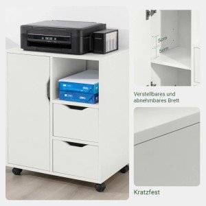 Weißer mobiler Druckertisch mit 2 Schubladen, Tür und offenem Fach. Oben steht ein Drucker, innen Papier. Mit Rollen für Büro.