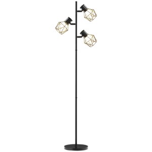Schwarze Metall-Stehlampe mit drei verstellbaren Leuchten und goldenen Drahtkäfig-Schirmen. Modernes Design für Innenleuchten.