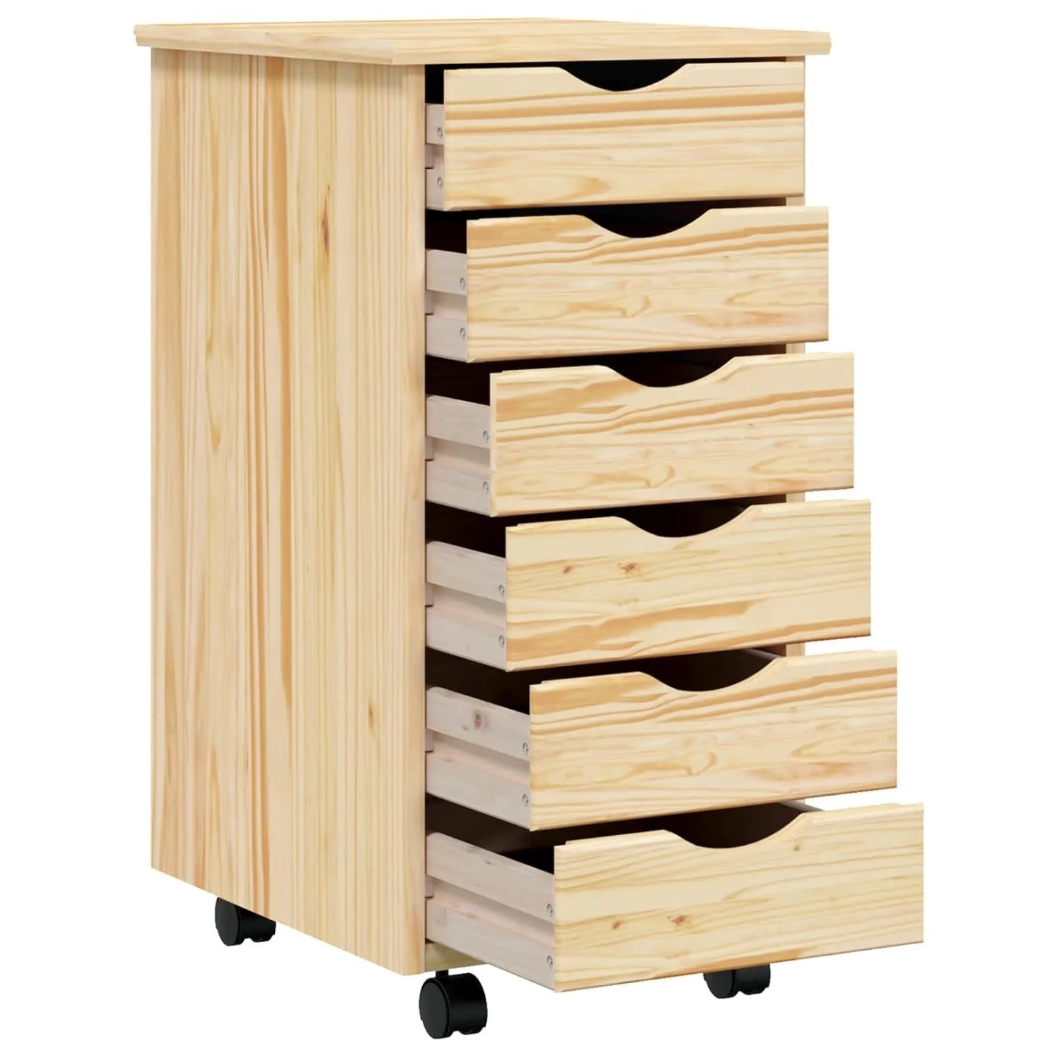 vidaXL Rollcontainer mit 6 Schubladen aus Kiefernholz, klar lackiert, für Wohnzimmer.