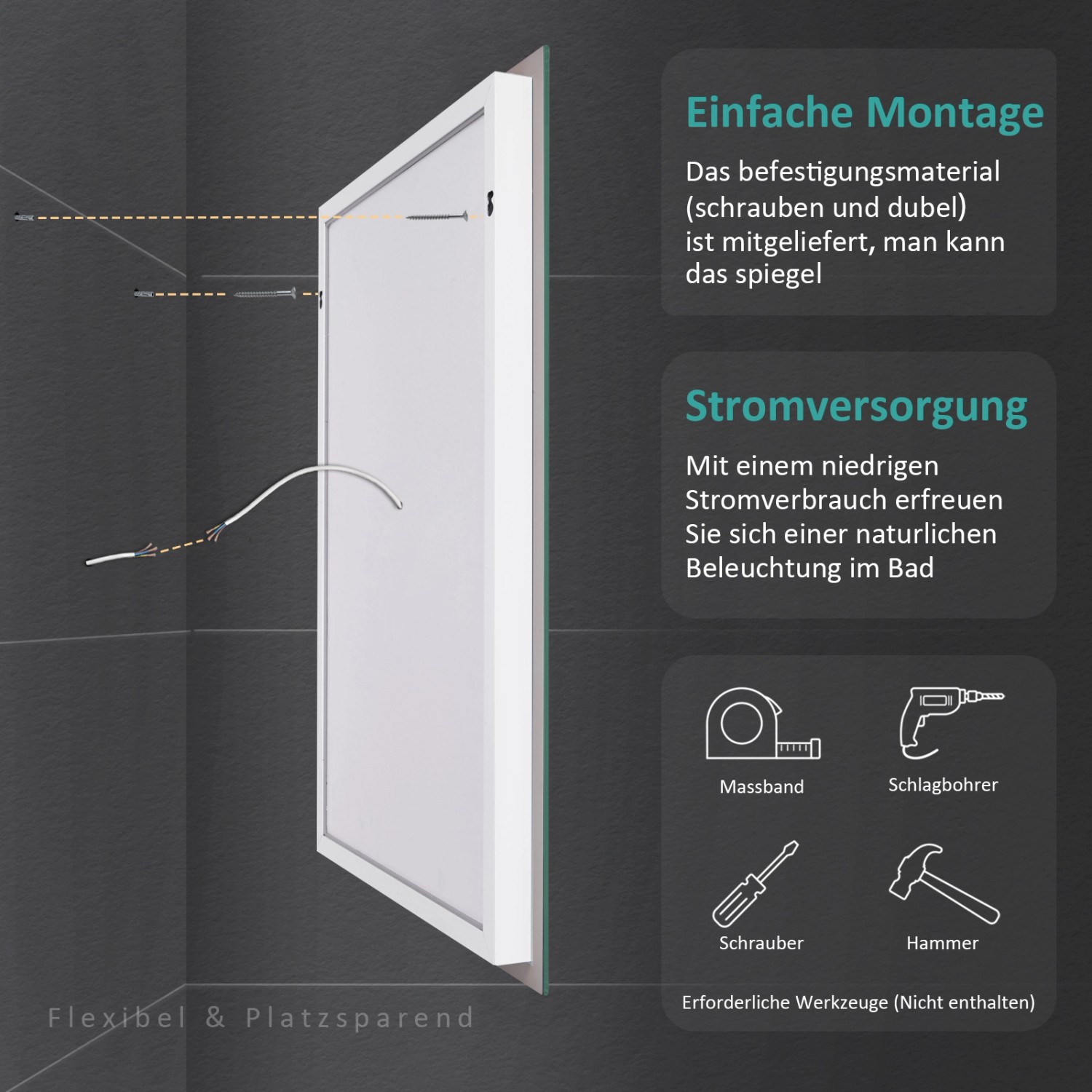 Emke LED Badspiegel 50x70 cm: Montage und Stromversorgung mit Werkzeug-Symbolen dargestellt.