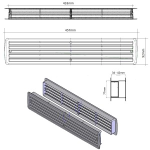 Technische Zeichnung: Weißes Türgitter aus Kunststoff zur Raumbelüftung, verschiedene Ansichten mit Maßen.