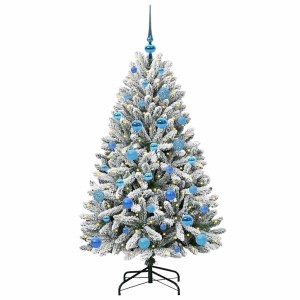 Künstlicher, grün-weißer Weihnachtsbaum (150 cm) mit blauen Kugeln und warmweißen LED-Lichtern.