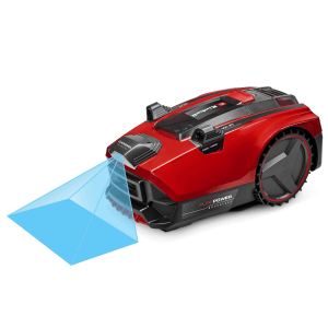 Roter Einhell Freelexo Cam Plus 600 Mähroboter mit Kamera und blauem Scanfeld.