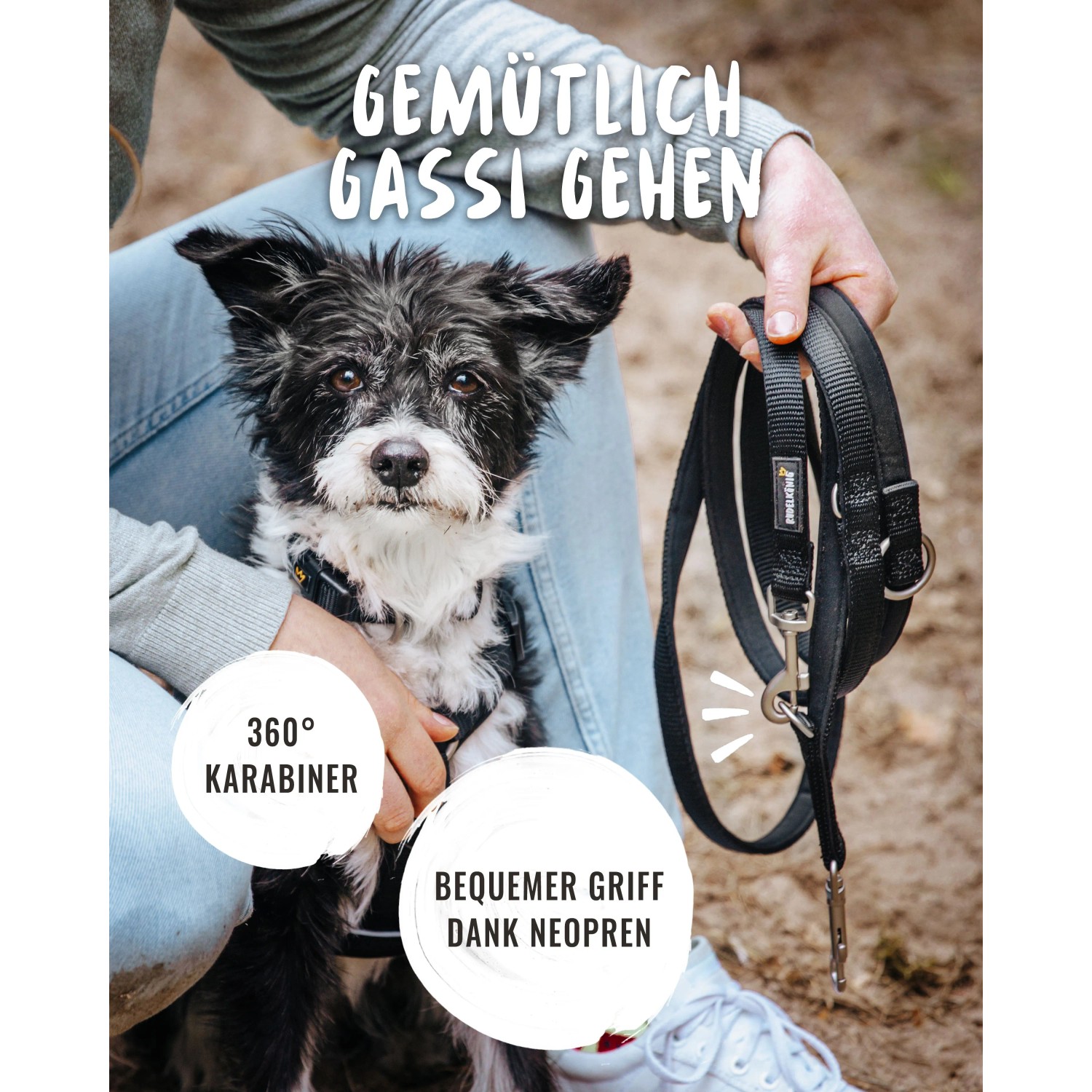 Schwarze Rudelkönig Hundeleine Bella mit gepolstertem Griff und Hund.