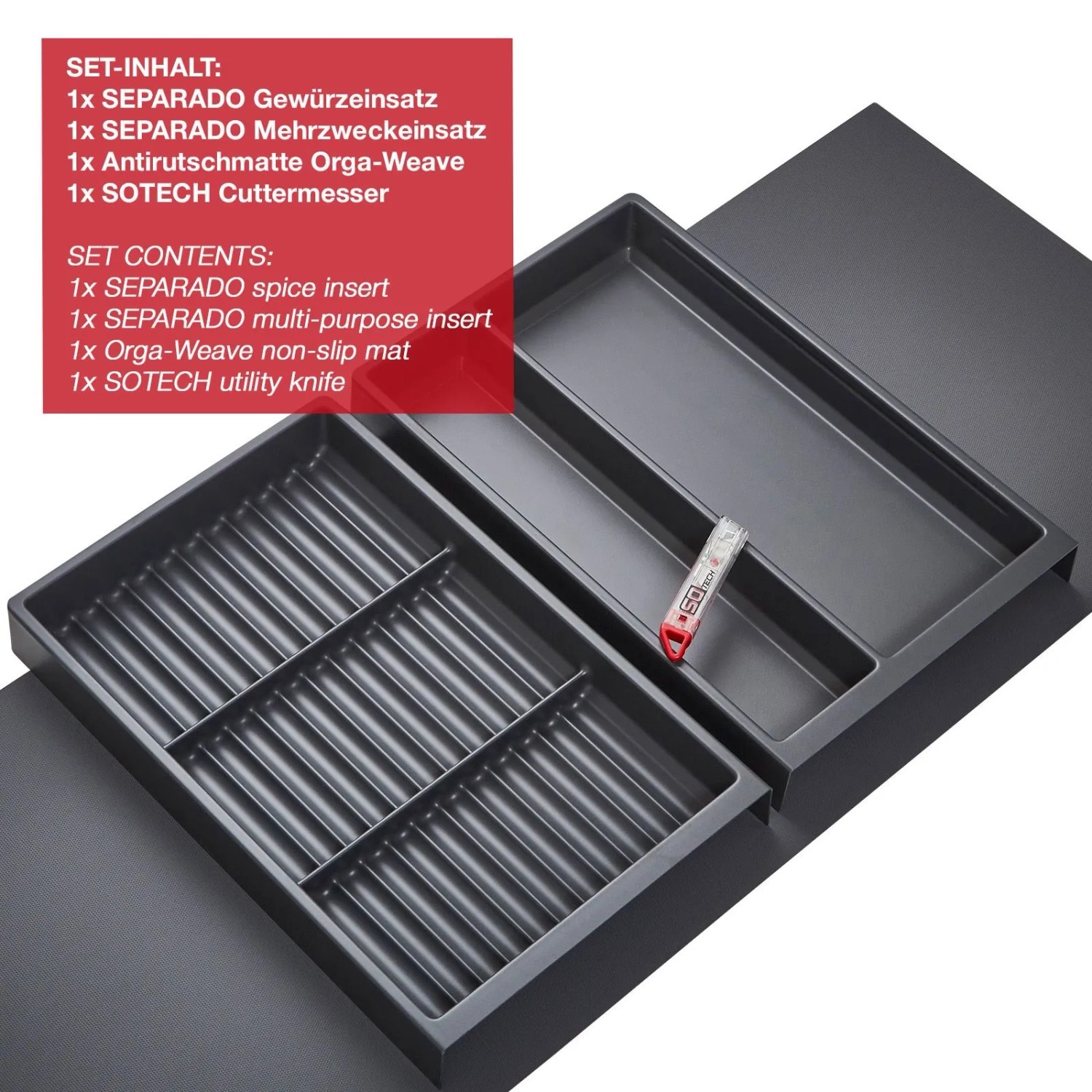 SOTECH ORGA-BOX Vario SET 3 Anthrazit für 80er Schublade Mehrzweckeinsatz Gewürzeinsatz Antirutschmatte Orga-Weave_5