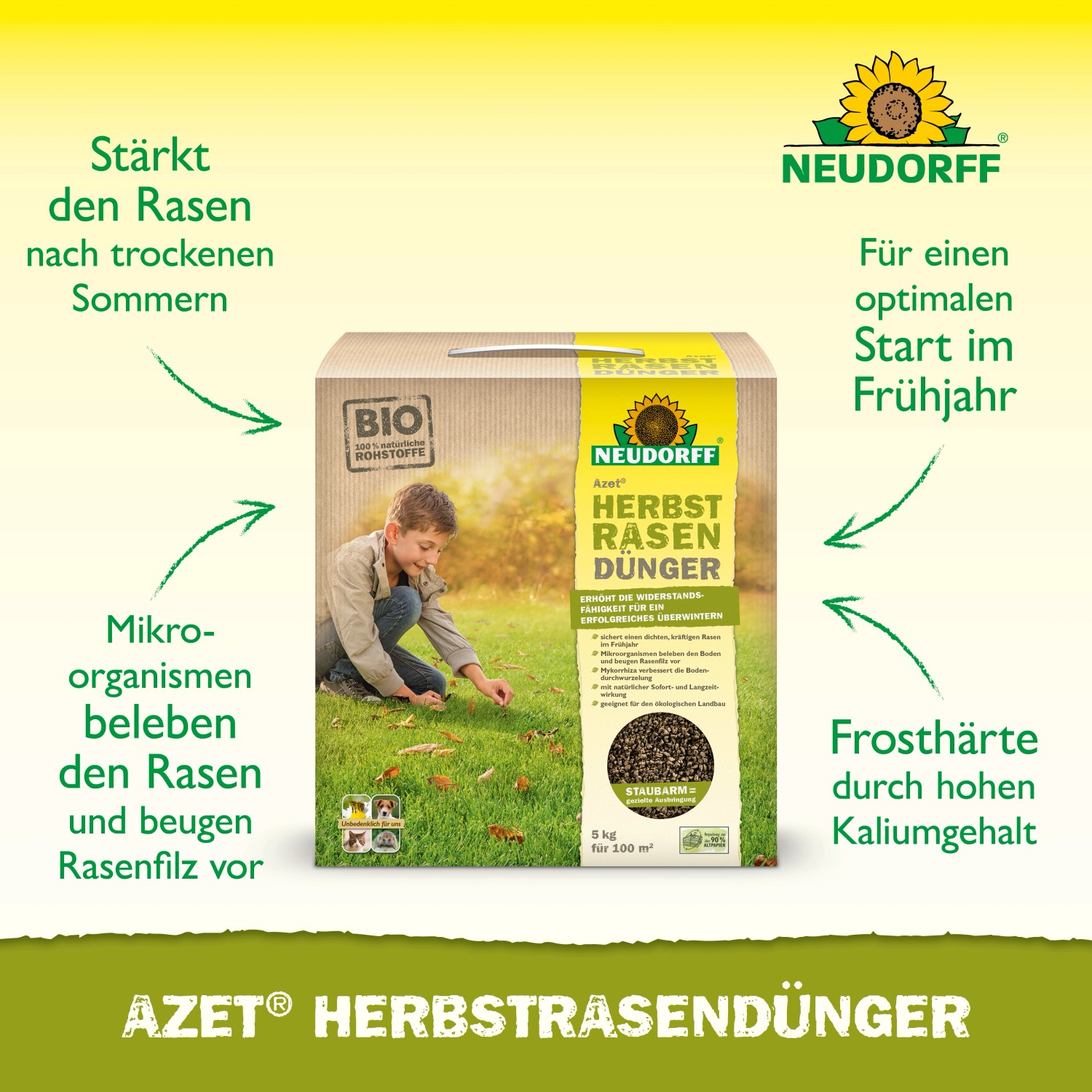 Neudorff Azet Herbst-Rasendünger 5kg für einen widerstandsfähigen Rasen im Winter und einen optimalen Start im Frühjahr.