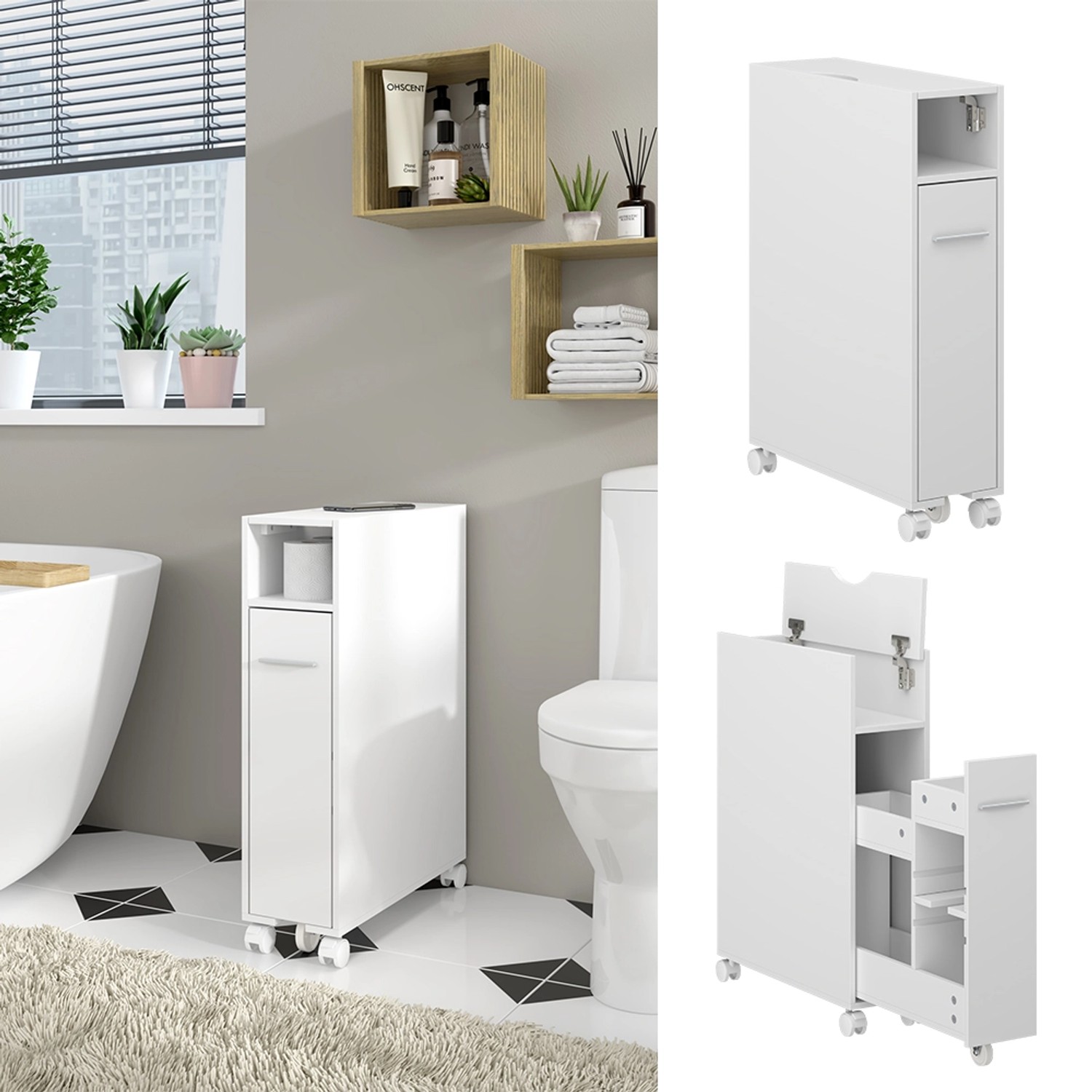 Vicco Toilettenschrank Niva, weiß, 18x71 cm, mit Ausziehfach. Badregal für mehr Stauraum im Bad.