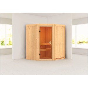 Karibu Sauna Thora Natur, Elementsauna aus Fichte mit Glastür und Bänken.