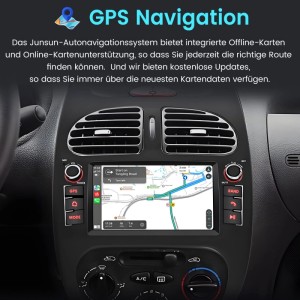 Junsun Autoradio für Peugeot 206, eingebaut im Armaturenbrett. Das Display zeigt eine GPS Navigationskarte.