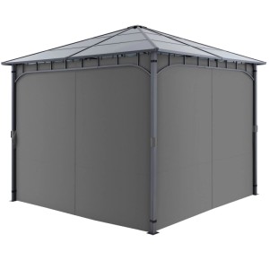 Grauer Tectake Gartenpavillon 3x3m mit pulverbeschichtetem Aluminiumgestell, transparentem Dach und geschlossenen Seitenteilen.