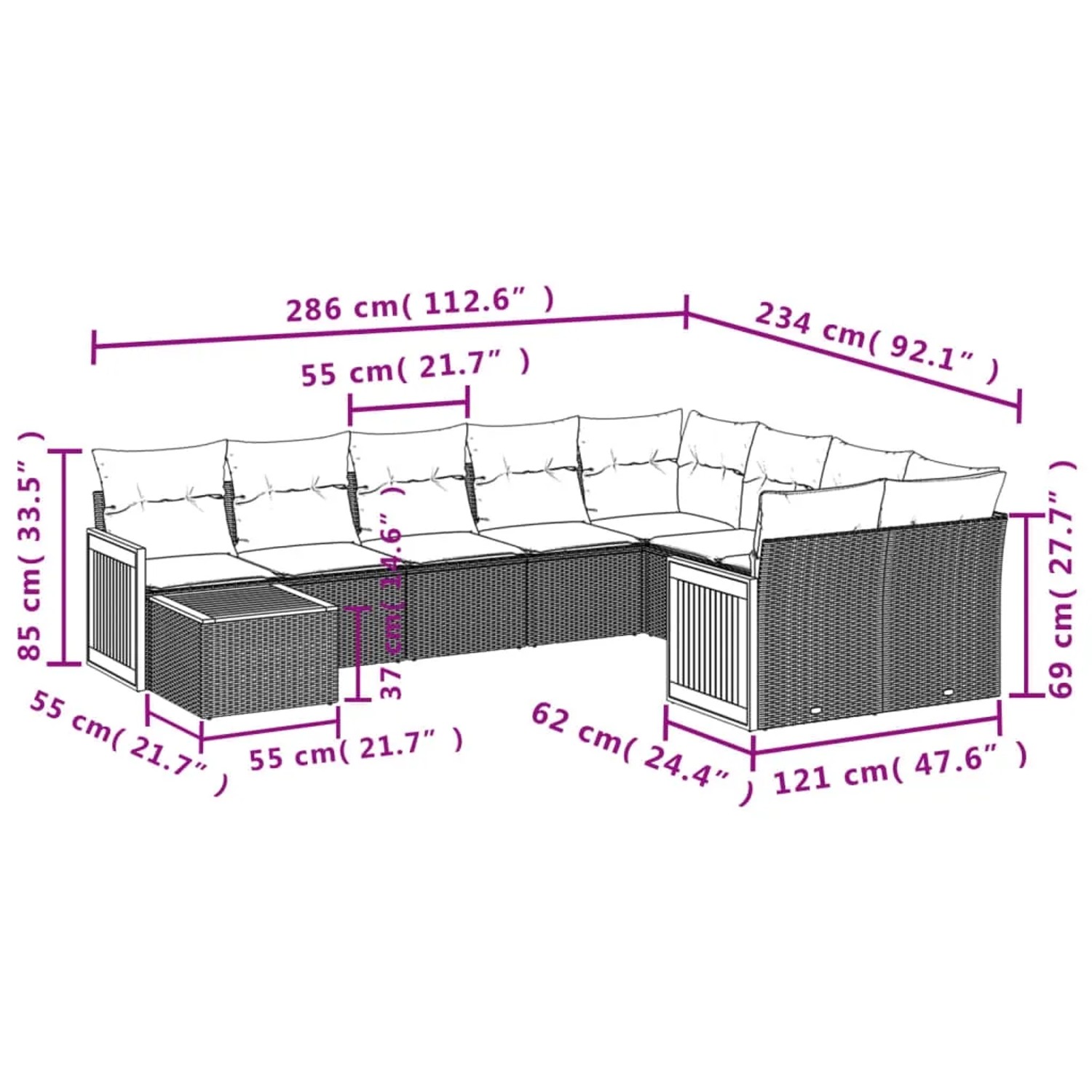 vidaXL 10-tlg. Garten-Sofagarnitur Grau Poly Rattan mit Kissen und Tisch, Maße eingezeichnet.