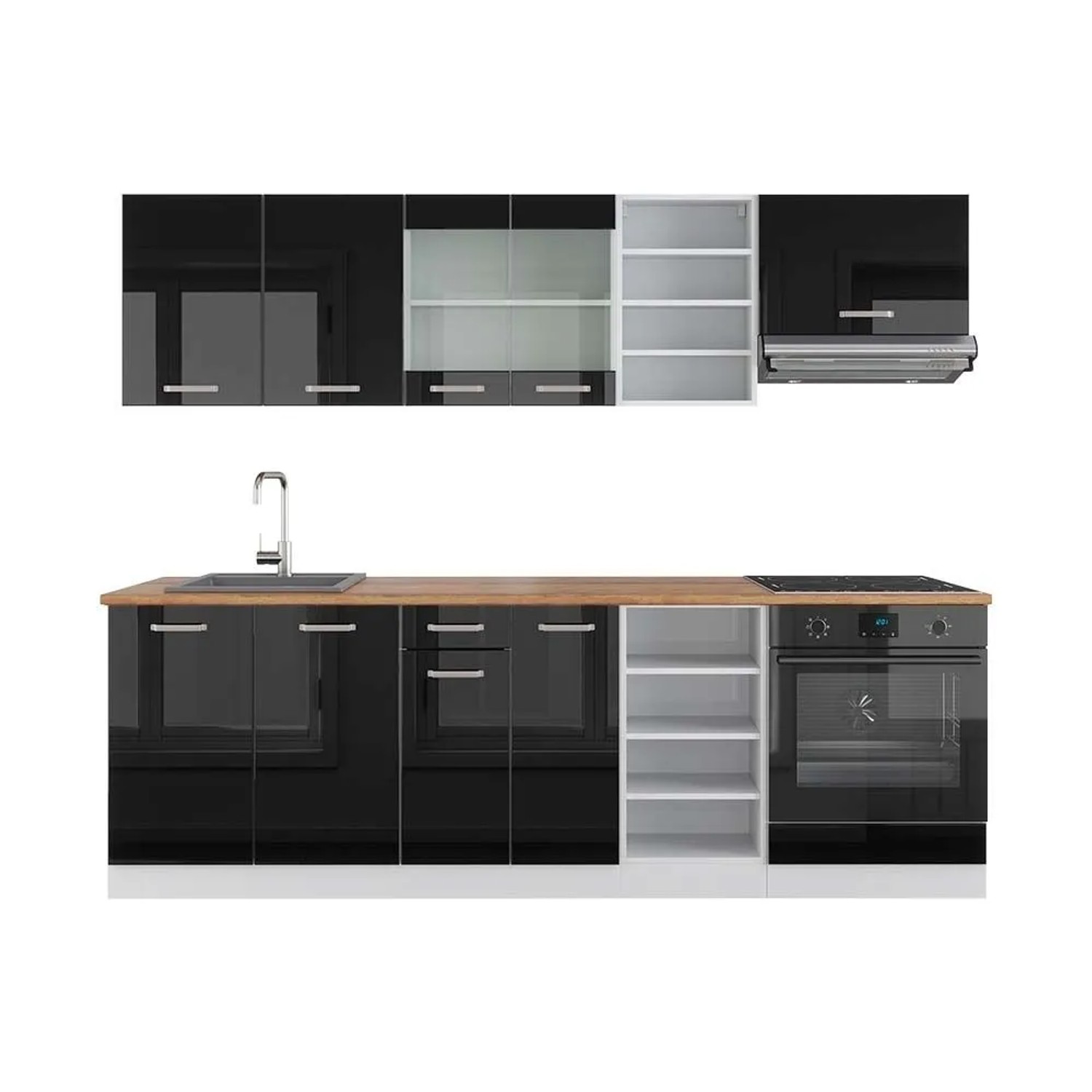 Vicco R-Line Küchenzeile Schwarz Hochglanz Weiß 240 cm AP Eiche ohne E-Geräte