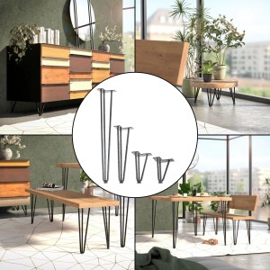 SOTECH Haarnadelbeine aus schwarzem Rundstahl, 150 mm, an verschiedenen Möbeln wie Tisch und Sideboard. Set mit 4 Möbelbeinen.