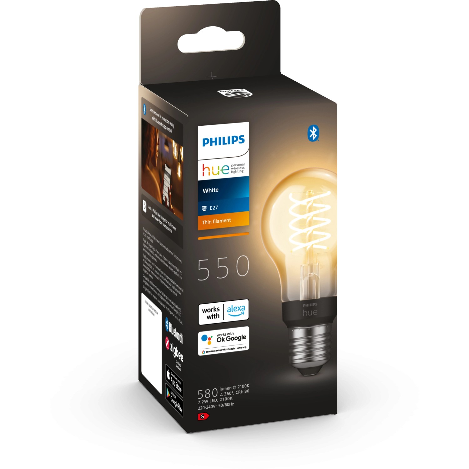 Philips Hue E27 Filament Lampe, A60, 550 lm, im Einzelpack. Vintage LED-Leuchtmittel für warmweißes Licht.