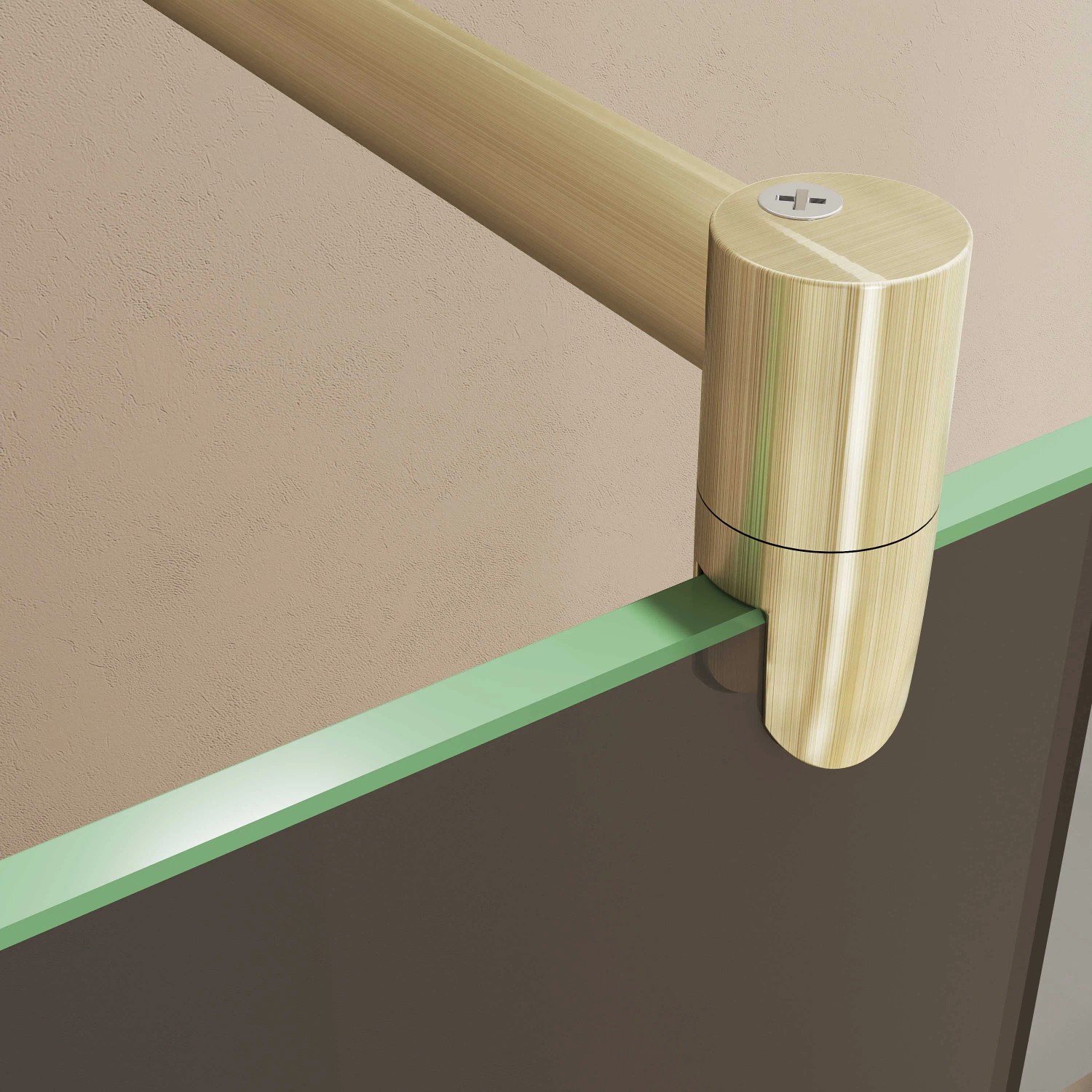 Detailaufnahme: Goldener Stabilisator an AICA Walk In Duschtrennwand mit rauchfarbenem Glas.