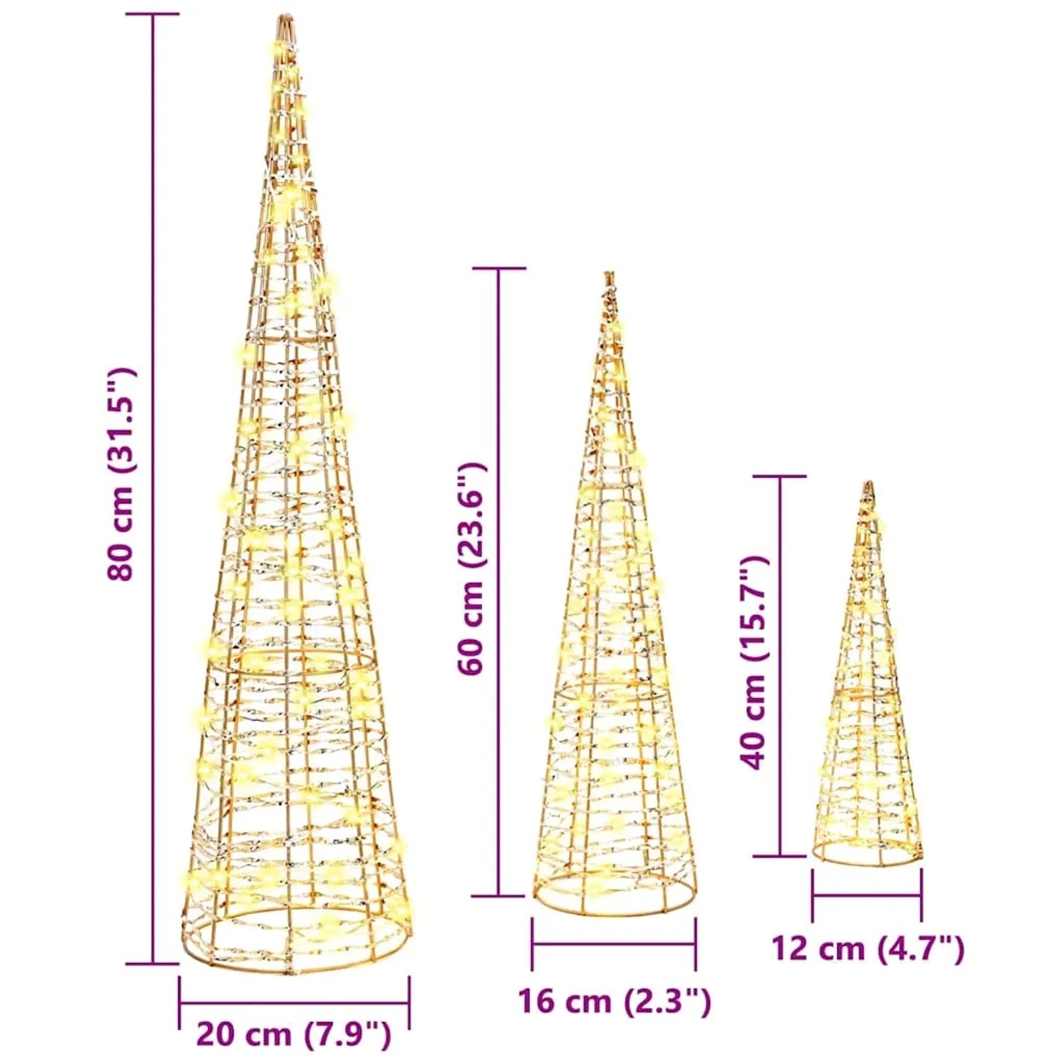 Set aus 3 vidaXL LED-Weihnachtsbäumen in Kegelform, warmweiß beleuchtet, 80, 60, 40 cm hoch.