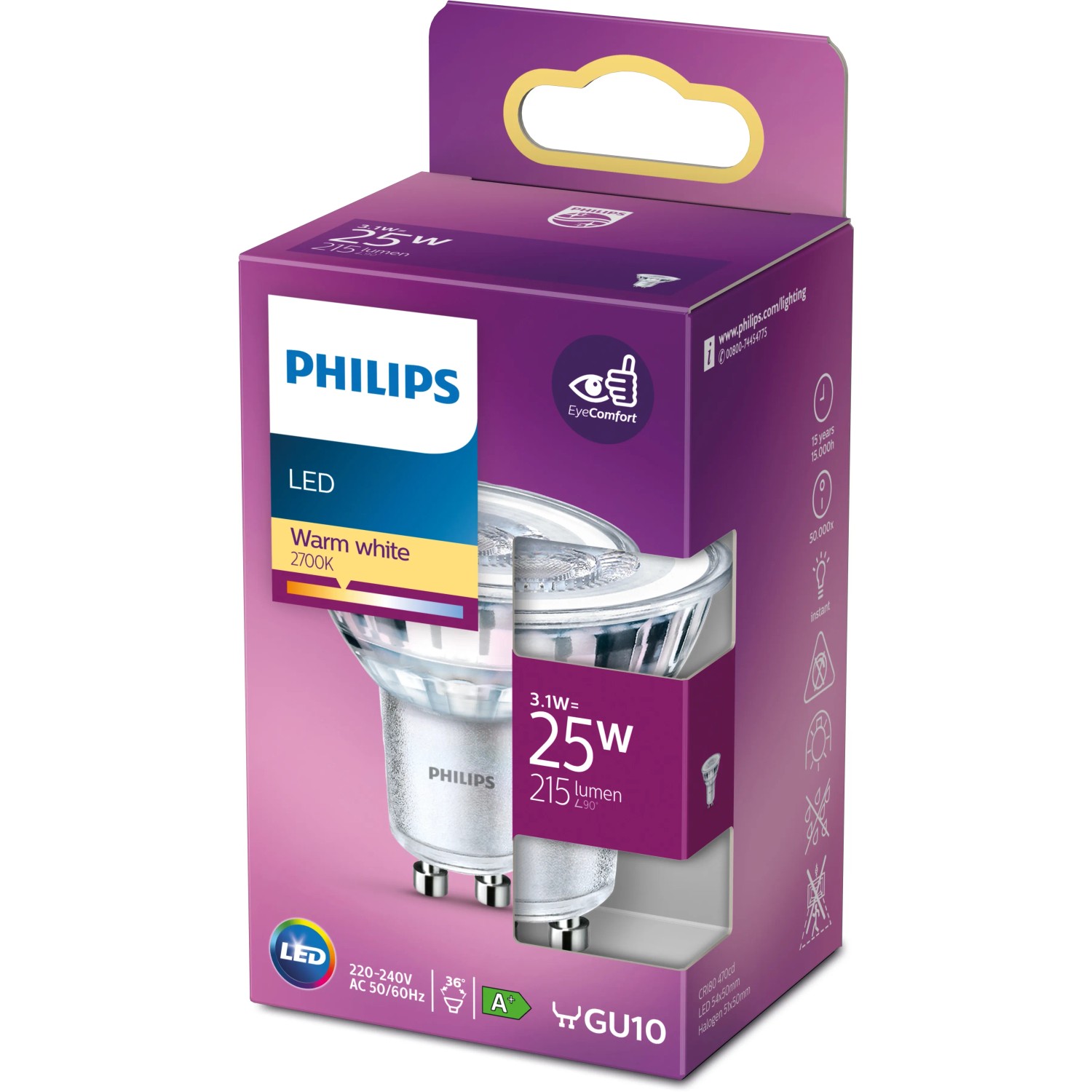 Philips GU10 LED-Lampe, 2,7W, warmweiß, 215 Lumen, Energieeffizienzklasse F, 5,4x5cm im Karton.