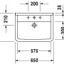 Technische Zeichnung: Weißes Duravit Starck 3 Waschbecken, 65 cm, mit Hahnloch und Überlauf. Maße in mm.