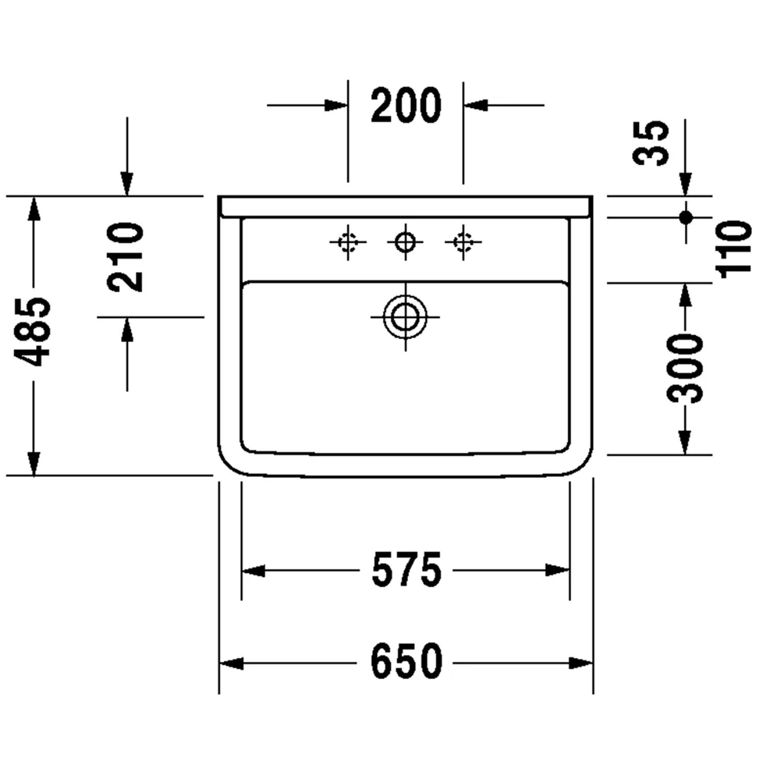 Technische Zeichnung: Weißes Duravit Starck 3 Waschbecken, 65 cm, mit Hahnloch und Überlauf. Maße in mm.